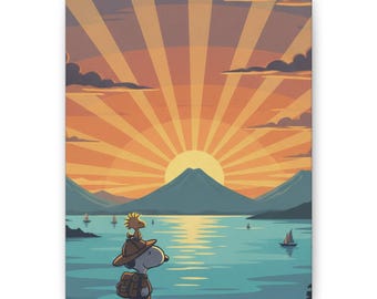Snoopy Woodstock Lago Atitlán Volcán Amanecer Lienzo Impresión Decoración de Pared Perro de Dibujos Animados Decoración