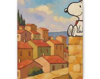 Cuadro decorativo de Snoopy y Woodstock en un pueblo italiano, inspirado en Peanuts.