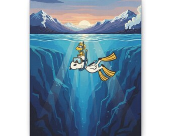 Cuadro decorativo de Snoopy, Woodstock y Silfra haciendo snorkel (Peachnuts, Islandia)