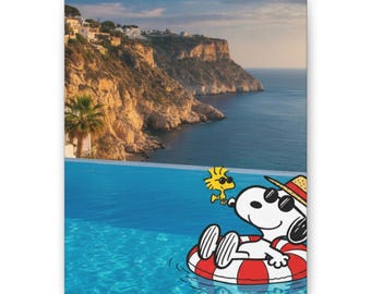 Cuadro decorativo de Snoopy y Woodstock junto a la piscina en el acantilado. Decoración clásica de pared con dibujos animados.