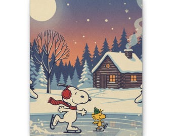 Snoopy Woodstock Ice Skating Canvas Print Winter Holiday Wall Decor