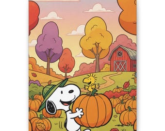 Cuadro decorativo de Snoopy recogiendo calabazas de otoño
