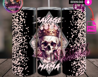 Vaso con diseño floral y calavera brillante de Savage Mama: Descarga digital PNG de 20 oz