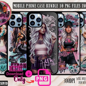 May include: A collection of mobile phone cases with diverse designs. The cases showcase illustrations of women with tattoos, flowers, and text such as "Let Them", "Running on Coffee & Bad Decisions", and "I don't watch porn like a lady". The cases are black.