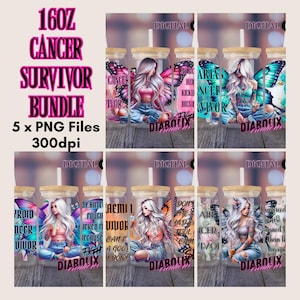 May include: A collection of digital designs for 16oz glass tumblers. The designs feature a woman with butterfly wings, the words "Cancer Survivor," and other inspirational phrases. The bundle includes 5 PNG files at 300dpi.