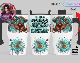 Cow Print Tumbler Sublimation Design: Messy Caffeinated PNG (Digital Download)