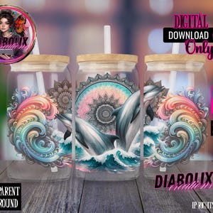 Dolphin Mandala 16oz Libbey Glass Can Wrap: Design a sublimazione (download digitale, modello PNG)