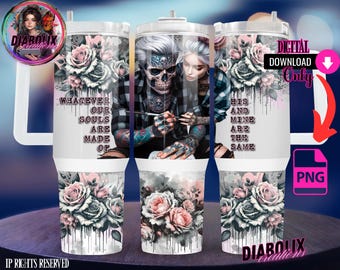Soulmates Skull Tumbler Wrap: Couple&#39;s Love Roses Design (PNG Digital Download)