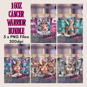 May include: A bundle of digital designs for 16oz Cancer Warrior tumblers. The designs feature illustrations of women with butterfly wings, inspirational quotes, and the word "Diabolix". The text "Cancer Warrior Bundle" is also visible.