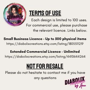 May include: Image with text detailing terms of use and a "NOT FOR RESALE" notice. A logo featuring a woman with a tablet and the name "DIABOLIX" is also present. The text provides licensing information.