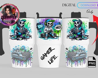 Gamer Skeleton Tumbler Sublimation Design Template (Digital Download)