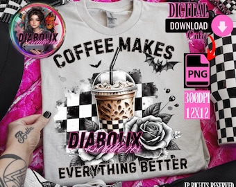 Coffee Bats Roses PNG: Funny Punk Sublimation Design (Digital Download)