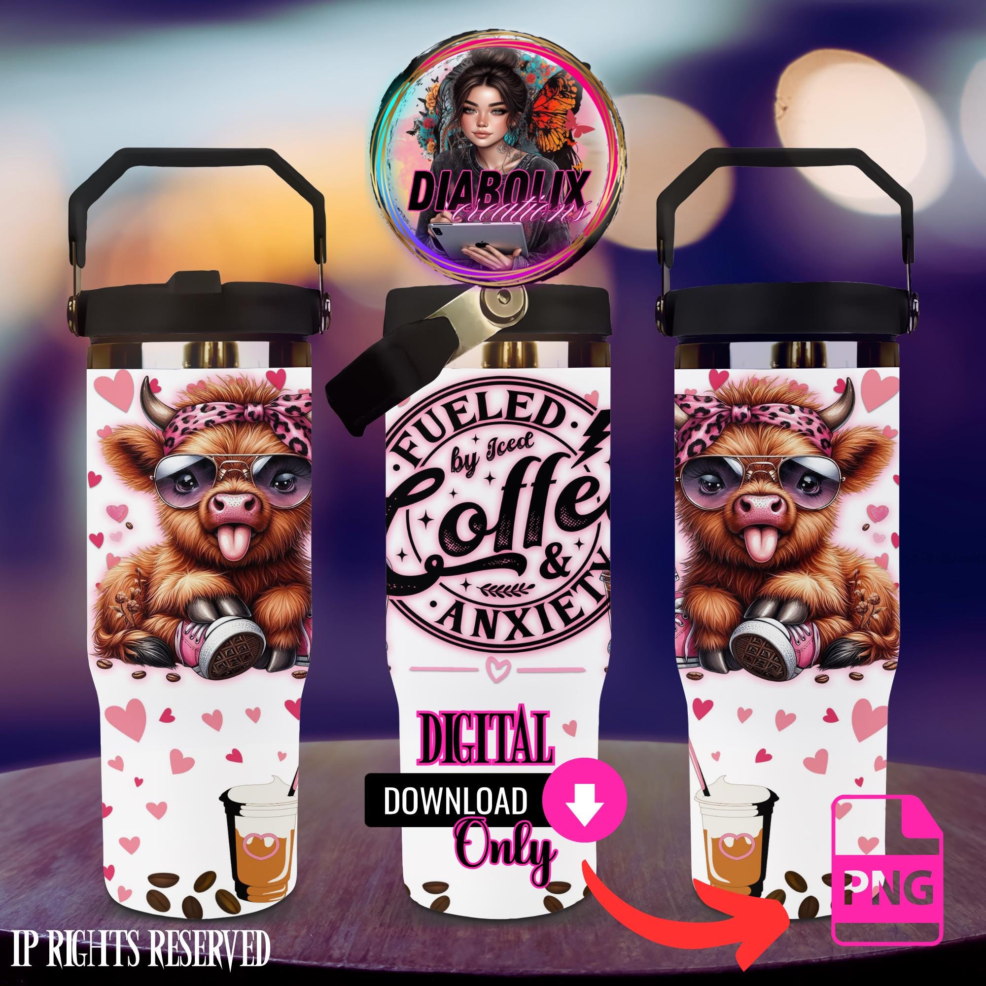 Highland cow, 30oz tumbler wrap, 30oz template, Digital download, PNG, Anxiety, Cute, Iced coffee, Coffee, mental health, funny
