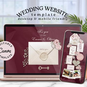 Burgundy Wedding Website Template Canva, Trackable RSVP Link, Clickable RSVP Form, Burgundy Wedding Invitation Suite Luxury Moody Romance