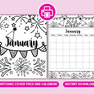 January Cover Journal Page and Calendar, Printable Calendar Set, Planner Cover Page and Calendar, Sunday and Monday Start, Printable Cover