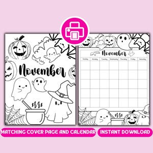 November Journal Cover Page and Calendar Printable Set, Planner Cover Page, Undated Calendar Sunday and Monday Start, Bullet Journal Page