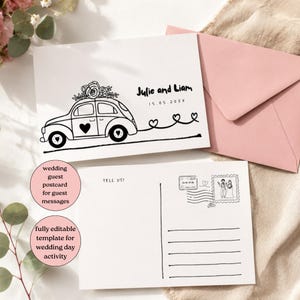 May include: A white wedding postcard set featuring a black line drawing of a car with flowers on the roof, hearts, and the text Julie and Liam 15.05.20XX. The reverse side includes lines for writing, the text TELL US!, and a stamp illustration.