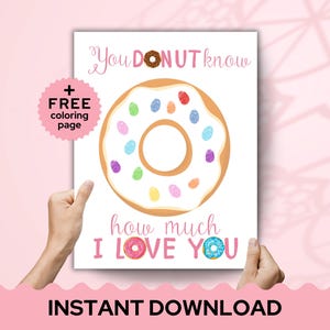 Donut Know How Much I Love You Dad - Wydrukowana aktywność dla dzieci, Dzień Ojca, Pamiątka odcisku dłoni, Bonusowa strona do kolorowania, Prezent DIY z odciskiem palca