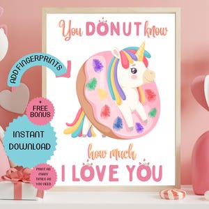Donut How Much I Love You Printable Kids Activity, Classroom Activity, Handprint Keepsake, Fingerprint Father&#39;s Day DIY gift, Unicorn Craft
