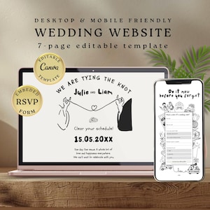 Op de afbeelding: Een laptop en smartphone met een sjabloon voor een trouwwebsite. Het laptopscherm toont de tekst "We are tying the knot" met de namen "Julie and Liam" en de datum "15.05.20XX". De telefoon toont een formulier.