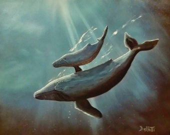 Mother and Baby Blue Whale oil painting 16"×20"