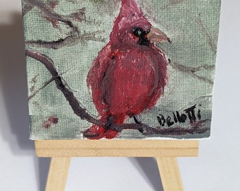 Mini Cardinal 3"×3" oil painting wIth display easel