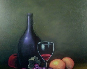 Wine  and Fruit Still Life Oil  Painting 16"×20"