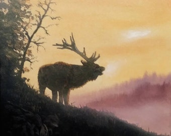Elk on the Mountain Oil Painting 12"×12"