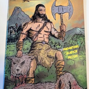 May include: Comic book cover titled "TORK" with a muscular figure holding an axe and standing over a slain wolf. The cover features the text "Prehistoric Science Fiction" and "Part 1 'The Hunt'". The comic is dated August 2025.