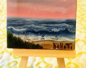 Mini Beach - 3"×3" oil painting wIth display easel