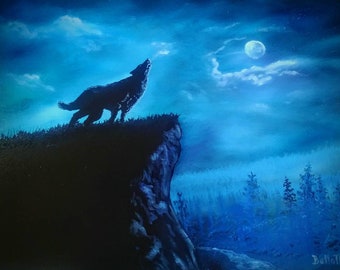 Wolf by Moonlight - oil painting