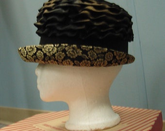 1960s Vintage Bronze Hat with Black Band and Gold Brocade Brim