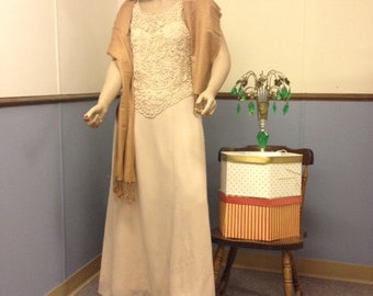 1970s  Beige Gown with Braid and Pearl Bodice Size Large