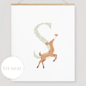 Custom Deer Nursery Wall Art Print - Personalised Baby Initial Wall Art - Floral Letter Illustration for Kids Room Decor - Digital Download