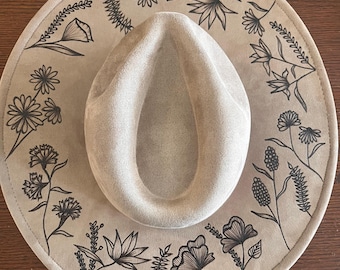 Vegan Suede Burned Hat, Florals, Fedora Style, Customized Hand burned Hat, Both Sides Burned