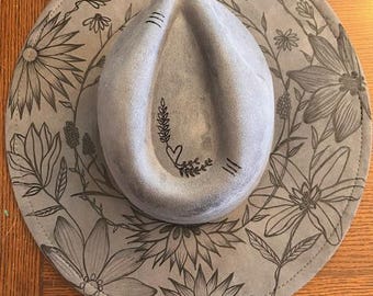 Vegan Suede Burned Hat, Customized Floral, Fedora Style, Pyrography