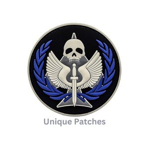 May include: A black and white embroidered patch with a skull and wings, a dagger, and a blue laurel wreath. The patch has the text "Unique Patches" below it.