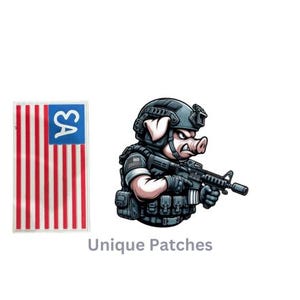 May include: A cartoon pig wearing a military helmet and tactical gear holds a rifle. The pig is wearing a black and grey uniform with a blue and white patch that says "SA". The pig is standing in front of an American flag.