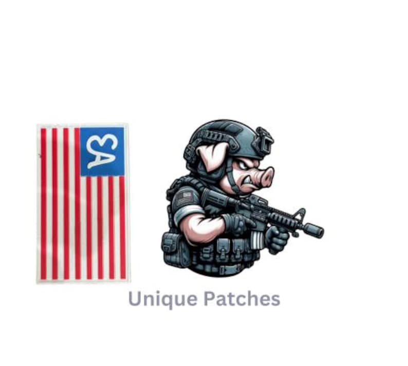 May include: A cartoon pig wearing a military helmet and tactical gear holds a rifle. The pig is wearing a black and grey uniform with a blue and white patch that says "SA". The pig is standing in front of an American flag.