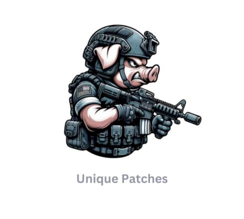 May include: A cartoon pig wearing a military helmet and tactical gear, holding a rifle. The pig has a serious expression and is looking to the right. The text "Unique Patches" is below the image.