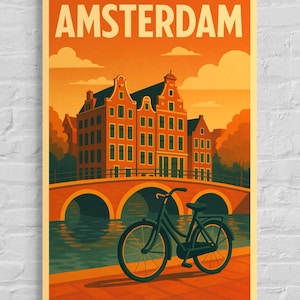 Framed Poster Amsterdam || Amsterdam Travel Poster Art Print - Vintage Dutch City Wall Decor || Belgium Bicycle Tourism Gift