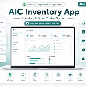 May include: A laptop screen displays the "AIC Inventory App" dashboard, an inventory and order control system. The interface features a dashboard overview, inventory, suppliers, customers, purchases, sales, receipts, payments, reports, and recent activity. Additional icons and text are also visible.