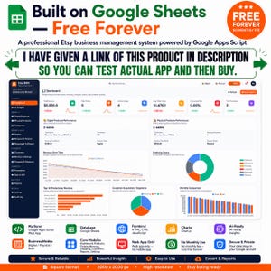 May include: A digital business management system interface for Etsy sellers built on Google Sheets. The dashboard displays revenue, sales, and order analytics with charts and graphs. Text includes Built on Google Sheets, Free Forever, and Etsy BMS.