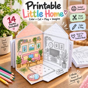 Puede incluir: Un libro de casa de muñecas de papel imprimible titulado Printable Little Home con 14 habitaciones incluidas. Las páginas abiertas muestran una sala de estar coloreada con un sofá rosa y una sala de estar en blanco y negro con televisión y un gato.
