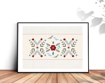 Nordic Kurbits Pattern Print: Red, Blue, Green Floral Folk Art (Digital Download)