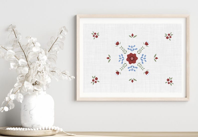 Folk art pattern scandinavian style. Size 100x70 centimeters with 200 dpi resolution. Linen background, transparent and offwhite.