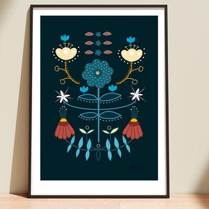 Floral Folk Art Print: Dark Colors, Modern Home Decor