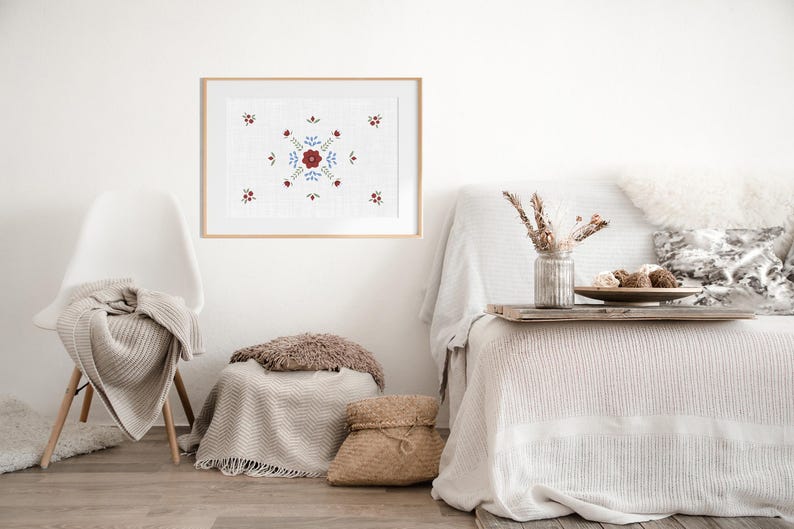 Folk art pattern scandinavian style. Size 100x70 centimeters with 200 dpi resolution. Linen background, transparent and offwhite.