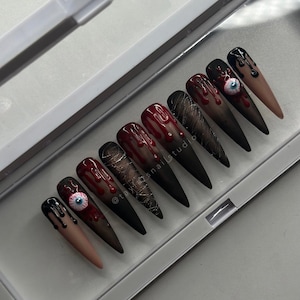 Bloody & Bold Halloween Press-On Nails | 3D Eyeball Nail Art | Custom Spooky Stiletto Nails
