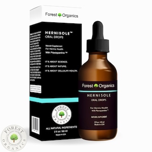 May include: A brown glass bottle with a dropper top containing Forest Organics Hernisole Oral Drops, a natural supplement for hernia health with Plaxoquantine. The bottle is labeled with the product name, ingredients, and instructions for use. The bottle is sitting on a white surface.